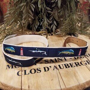 Vintage Canterbury Fish & Lighthouse Leather & Embroidered Canvas Belt 40"